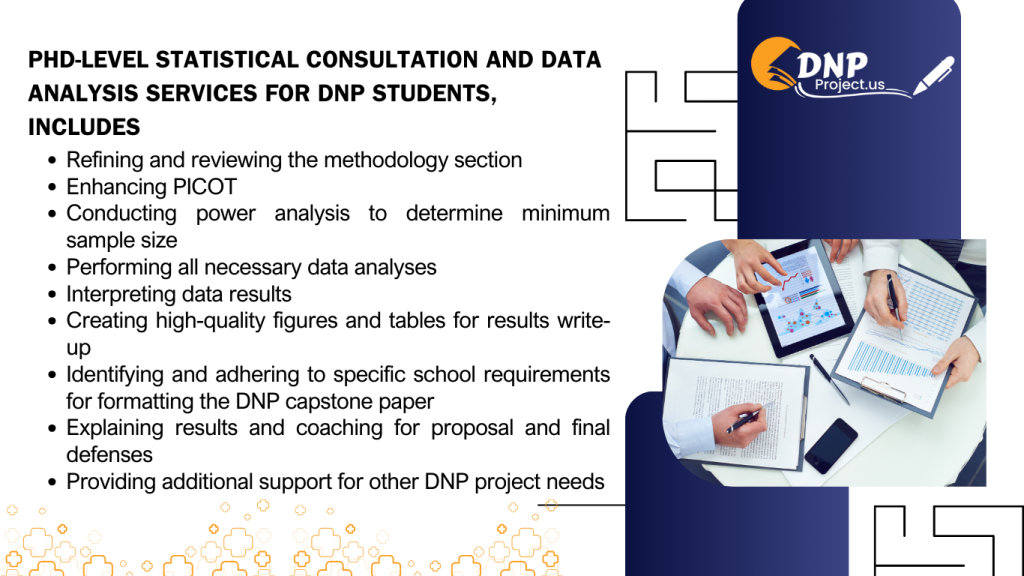 Poster promoting PhD-level statistical consultation and data analysis services for DNP students.